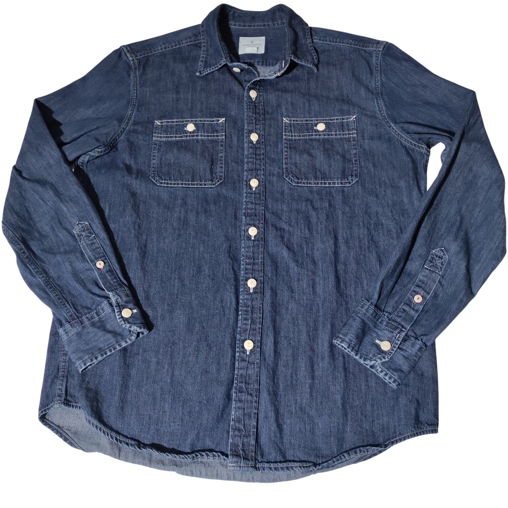 American Eagle Outfitters Mens Medium Denim Button Down Shirt Dark Wash Blue